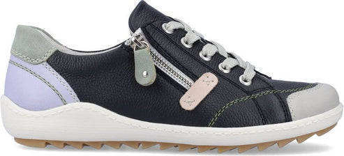 A navy blue leather casual sneaker with a zipper detail, lace-up closure, and contrast color accents.