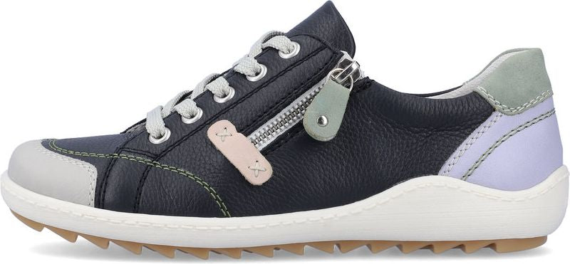 A navy blue leather sneaker with a gray toe, gray laces, a side zipper, and a light purple and green heel.