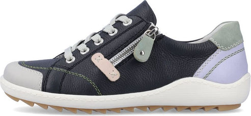 A navy blue leather sneaker with a gray toe, gray laces, a side zipper, and a light purple and green heel.