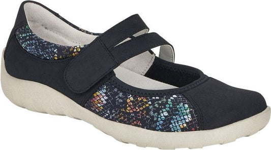 Navy blue Mary Jane style shoe with snakeskin patterned side, two hook and loop straps, white sole.