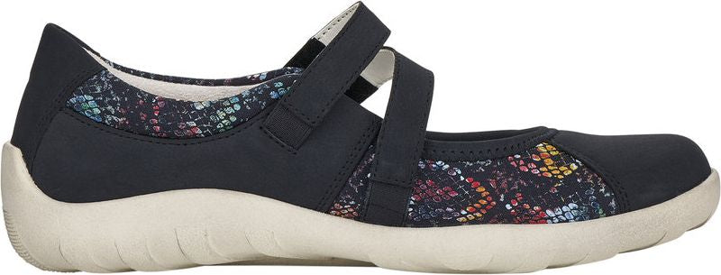 A navy Mary Jane style shoe with two velcro straps and snake print detailing.