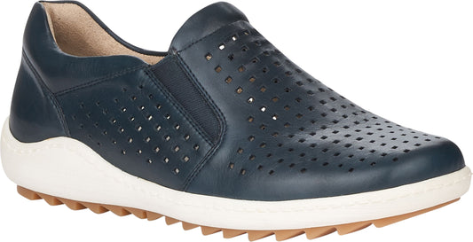 Navy slip-on shoe with perforated upper, white sole, and brown tread.