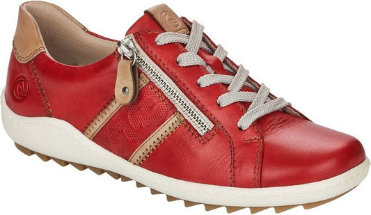 Red leather sneaker with a side zipper, off-white sole and grey laces.
