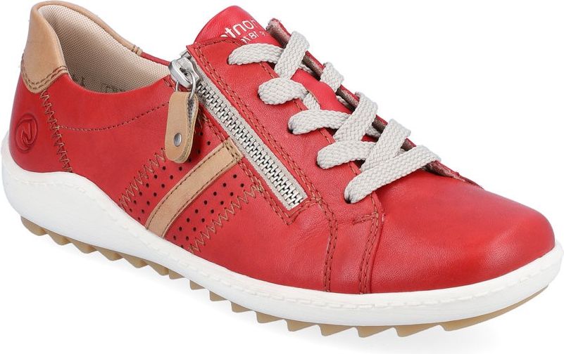 Red leather sneaker with tan accents, side zipper, and white laces.