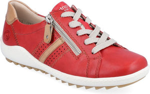 Red leather sneaker with tan accents, side zipper, and white laces.
