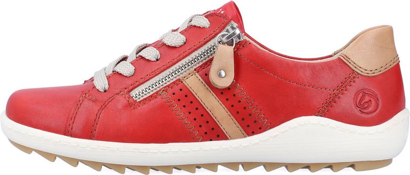 Red leather sneaker with zipper and beige accents.