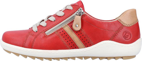 Red leather sneaker with zipper and beige accents.