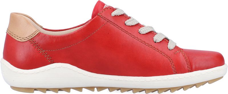 A red leather sneaker with white laces and a white sole.