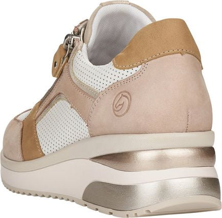 Beige platform sneaker with tan and white mesh details and a zippered accent.