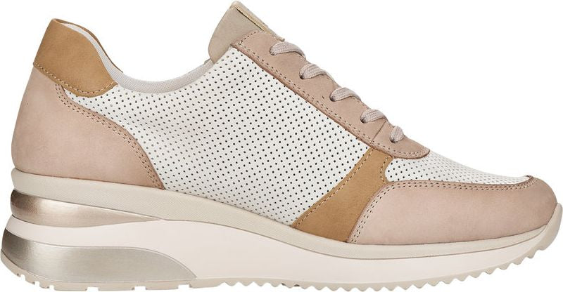 Beige and white sneaker with perforated panels, suede accents, and a platform sole.