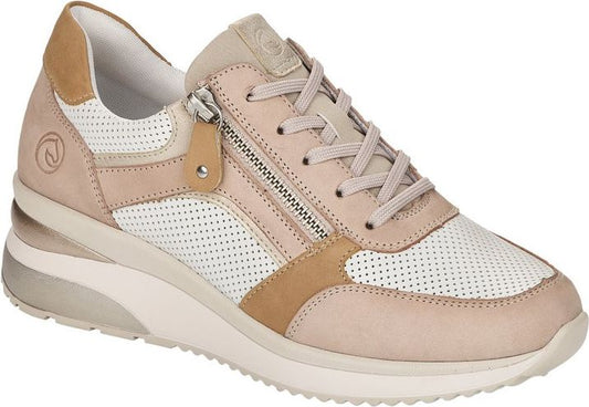 Tan and white athletic shoe with a side zipper and laces.