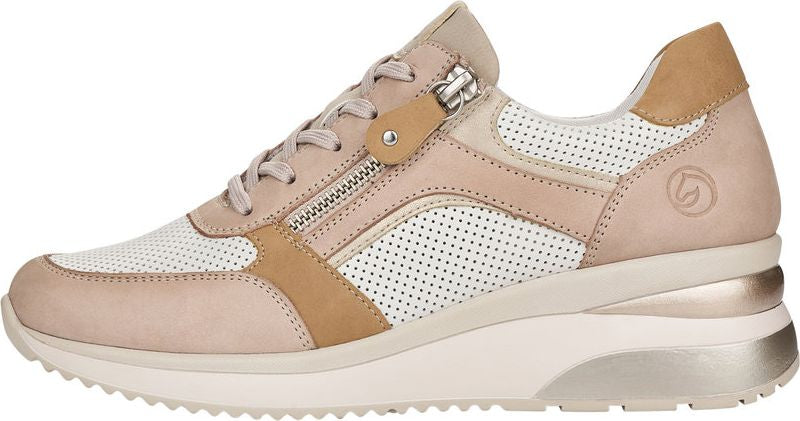 Low top sneaker, pink leather, white perforated side, beige accents, zipper closure.
