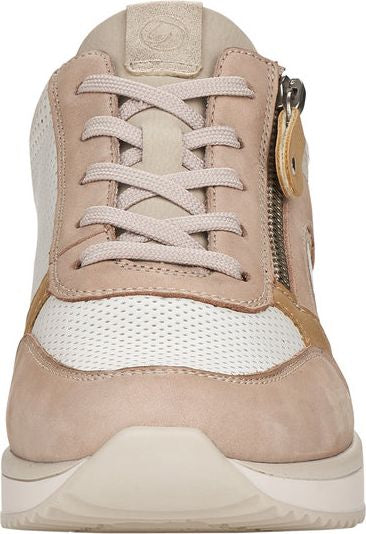 Beige sneaker with laces, side zipper, and perforated accents.