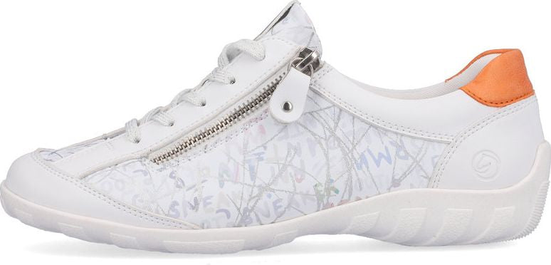 A white sneaker with a zipper and orange heel.
