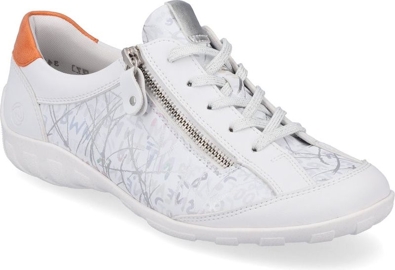 White leather sneaker with silver side zipper and orange heel tab.