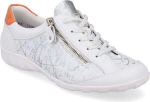 White leather sneaker with silver side zipper and orange heel tab.