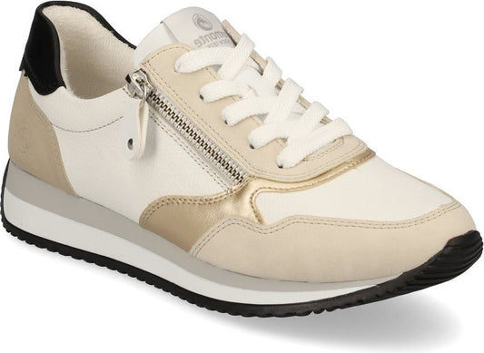 Low-top white sneaker with laces and gold-tone zipper.