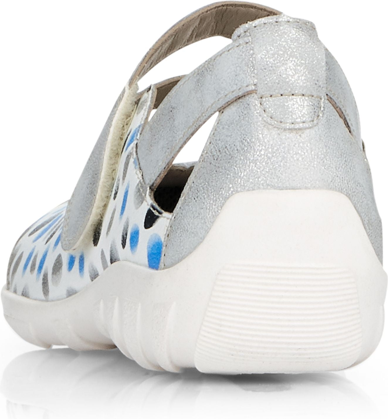 Cutout silver and blue patterned shoe with white sole, adjustable strap.