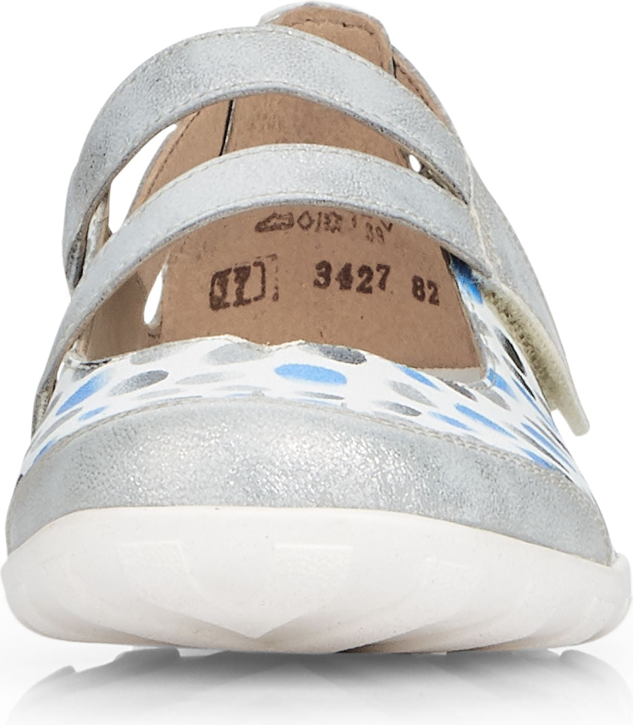 Front view of a child's silver Mary Jane style shoe with three straps and blue and gray polka dots.