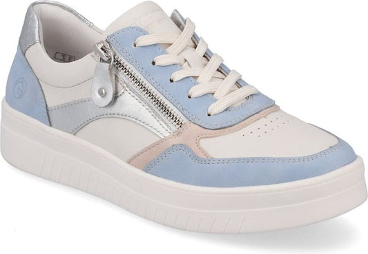 Low-top sneaker in white and blue with a side zipper and white laces.