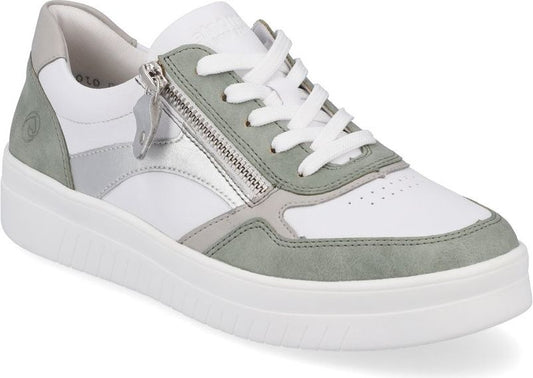 A white sneaker with a side zipper, white laces, and gray suede trim.