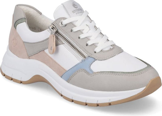 Low-top sneaker, white with light grey, pink and light blue accents, zipper on outside, laces.