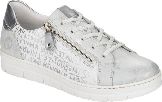 White sneaker with silver heel and zipper.