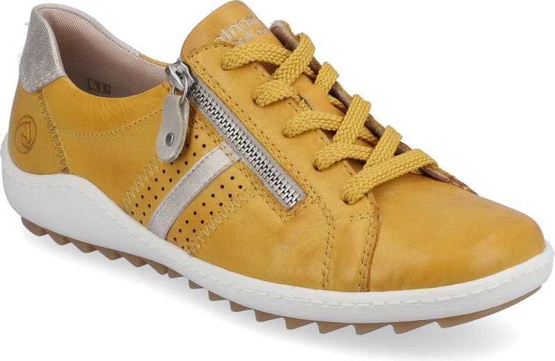 A mustard yellow leather sneaker with zipper, white sole and a gold heel patch.
