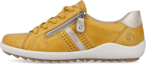 A yellow casual sneaker with white soles and a decorative side zipper.