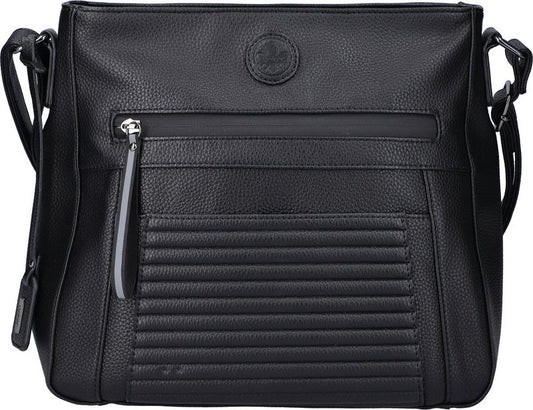 Black crossbody bag with front zipper and decorative stitching.
