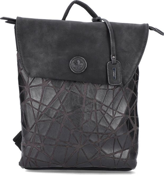 Black backpack with top handle, flap with embossed logo, geometric pattern on the front.