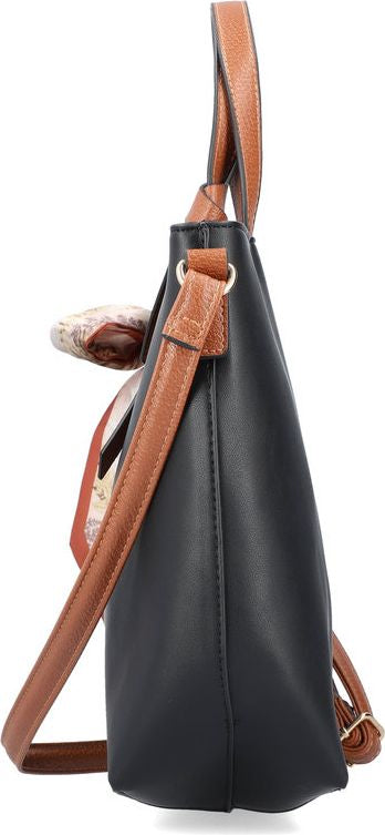 Black tote bag with brown handles and patterned scarf detail.