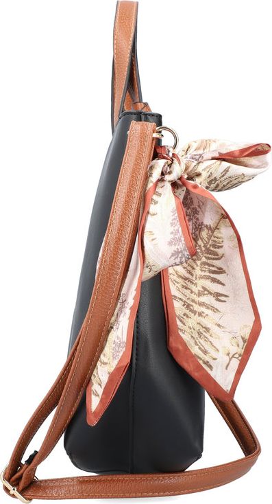Black tote bag with brown faux leather straps, and a beige patterned scarf tied to the handle.