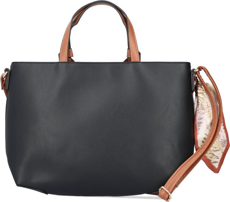 Black tote bag with brown handle and shoulder strap with a small scarf.