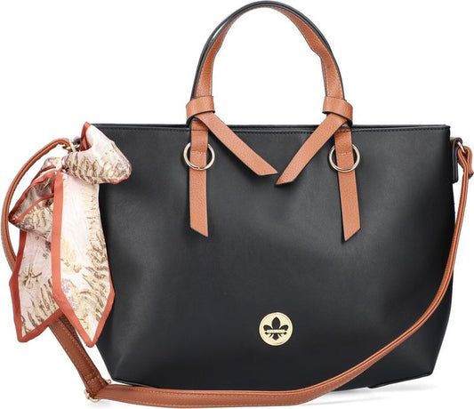 Black tote bag with brown straps, a long shoulder strap, and a patterned scarf attached to the side.