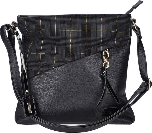 Black crossbody bag, textured bottom with plaid top section, and a hanging tassel.