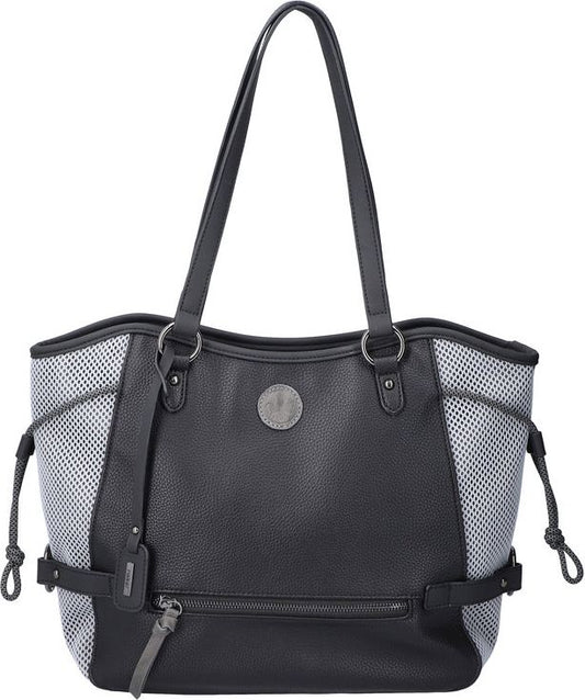 Black tote bag with grey mesh side panels, dual shoulder straps, zippered bottom pocket, and decorative tag.