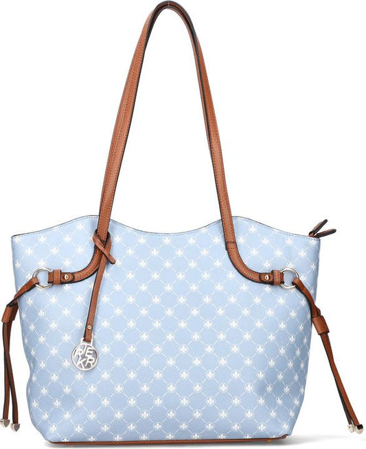 Light blue tote bag with a repeating white geometric pattern, brown straps, and silver circular hardware.