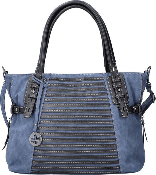 Blue handbag with black handles, horizontal stitched pleats on the front, and a round metallic emblem.