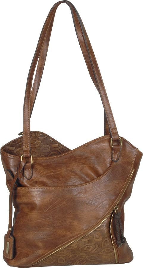 Brown leather shoulder bag with zipper and straps.