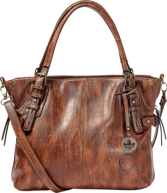 Brown faux leather handbag with two top handles and a shoulder strap, metal embellishments.