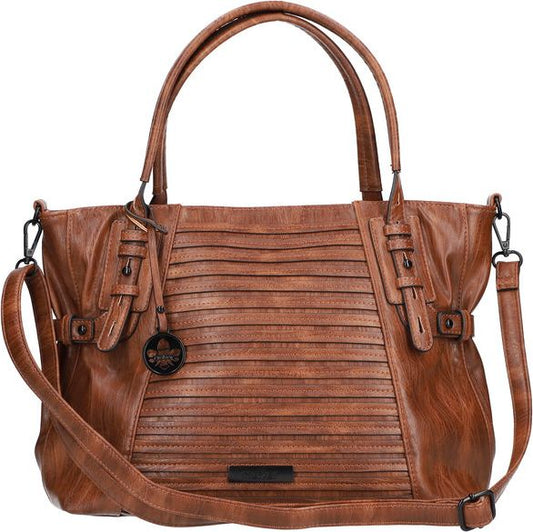 Brown shoulder bag with horizontal stitched lines and dual handles.