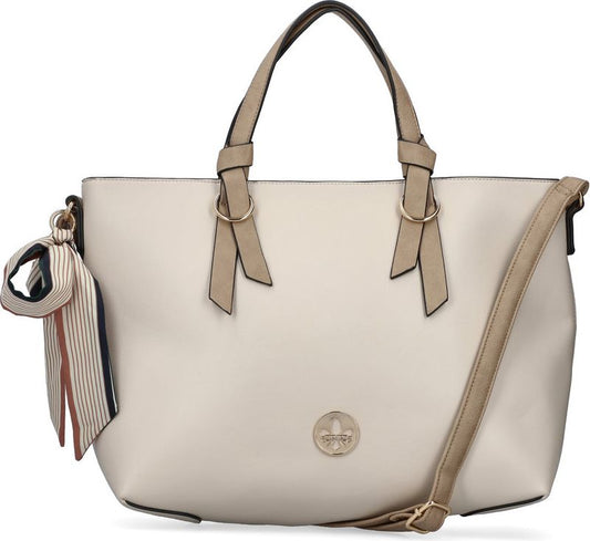 Handbag in beige with dual top handles, shoulder strap, and decorative ribbon.