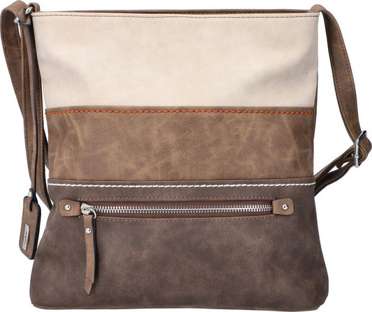 A tri-color crossbody bag with a light beige top, a medium brown center and a dark brown bottom with a front zipper pocket.