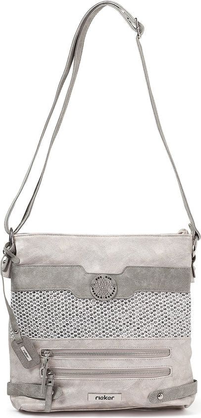 A silver crossbody bag with gray accents, multiple zippered compartments, and a dotted textured middle band.
