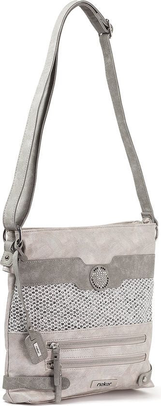 Light gray crossbody bag with a textured front, zipper pockets, and an adjustable strap.
