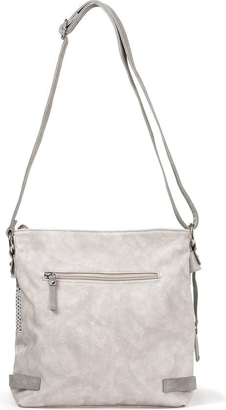 Gray cross-body bag with an adjustable shoulder strap and a zippered back pocket.