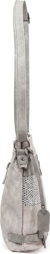 A grey crossbody bag with a long strap and a textured pattern.