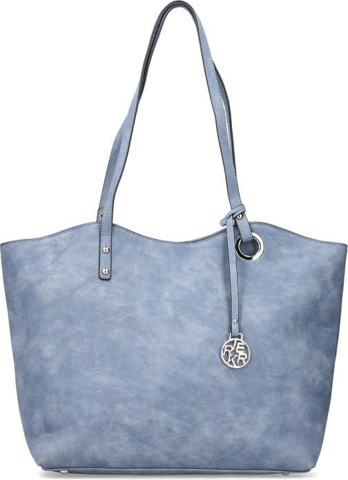 Blue faux suede shopper bag with shoulder straps and silver circular emblem.