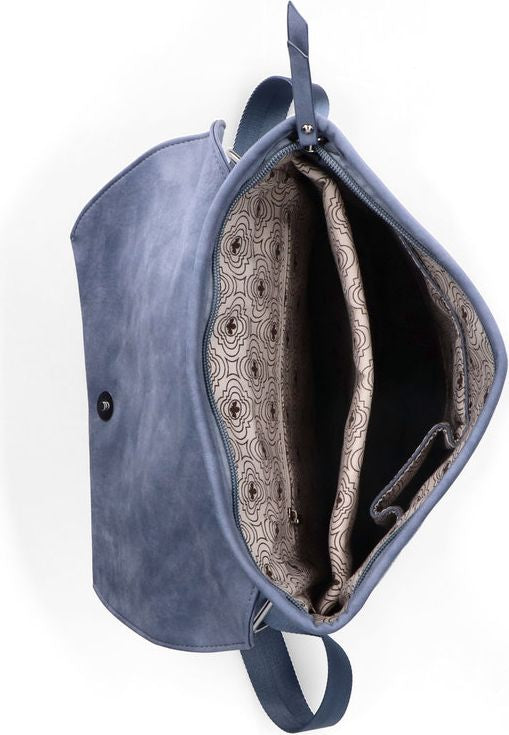 Blue vegan leather shoulder bag with open flap revealing patterned lining and pockets.